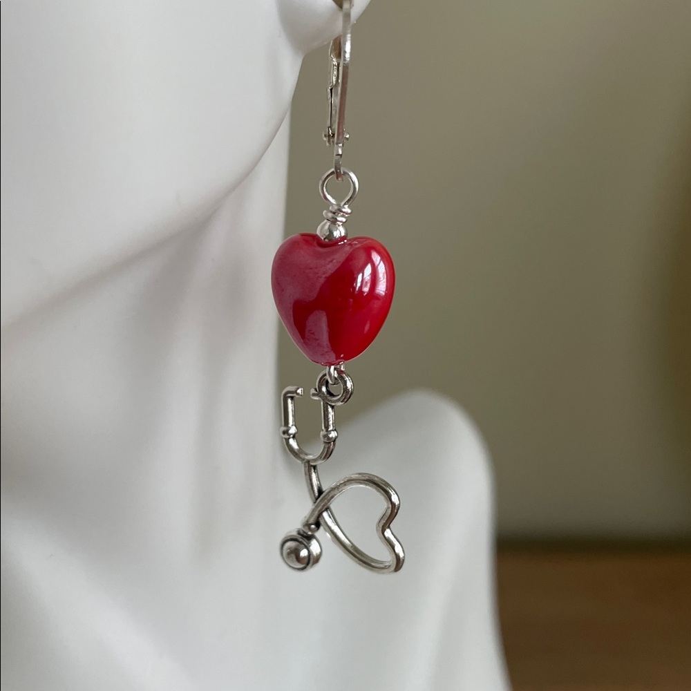 HAND CRAFTED STETHOSCOPE & RED HEART DANGLE EARRINGS  Nurse or Doctor Gift